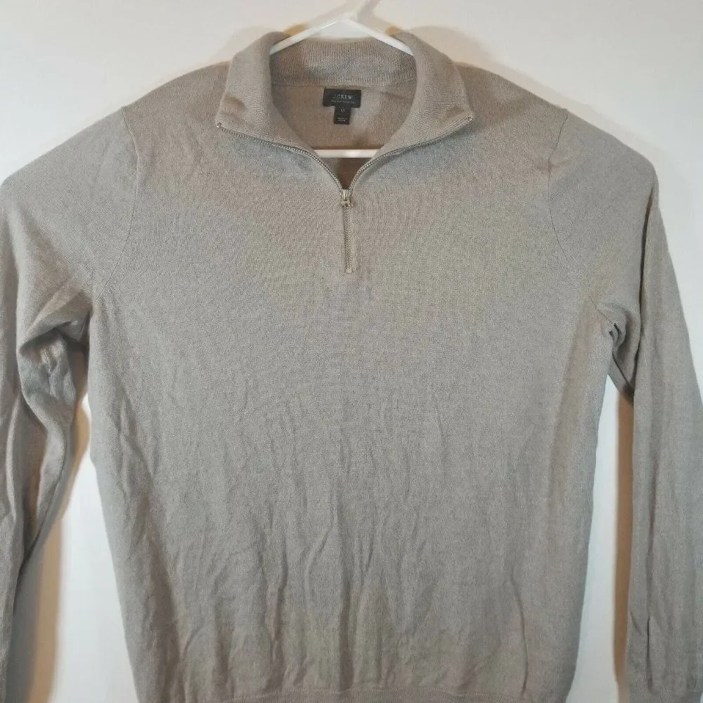 J Crew Womens LT Tan 1/4 Zip Pullover Long Sleeve Italian Merino Wool Sweater